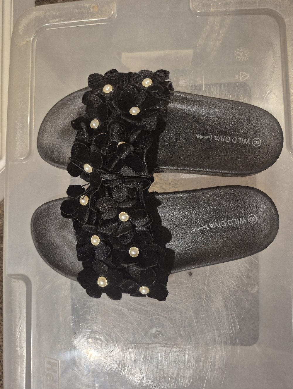 DIVA Lounge Black Floral Pearl Slide Sandals